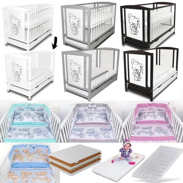 Cuna de oso linda bebé con cajón + protector para niños pequeños + 6 piezas de cama + colchón