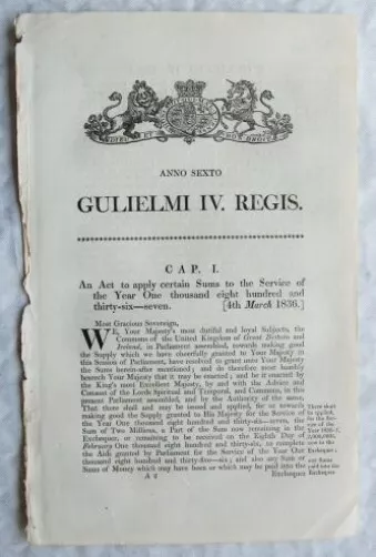 1836 Act of Parliament: Sums to Service of Year