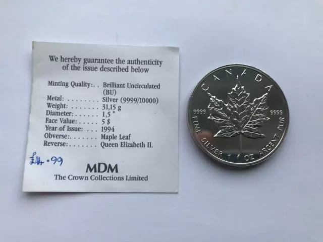 1994 Canada Argent Fin Cinq 5 Dollar 1oz Pièce de Monnaie Avec COA