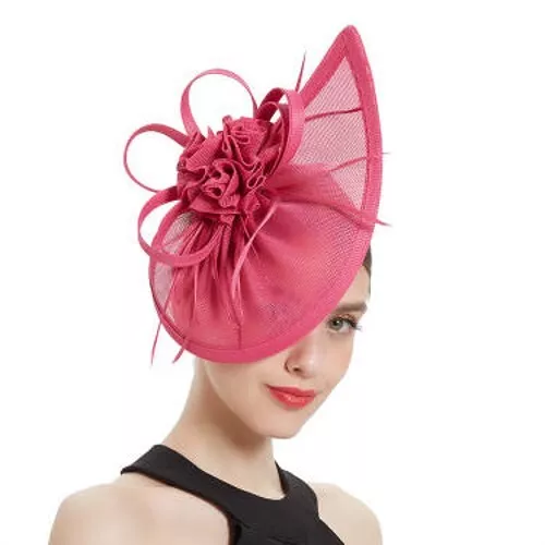 Stunning Pink Sinamay Fascinator With Matching Feathers & Flower On Headband