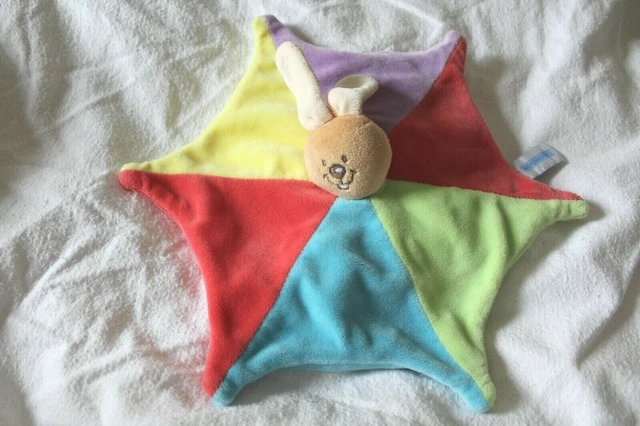 Doudou plat lapin etoile rouge vert bleu violet NOUNOURS grelot 30 cm