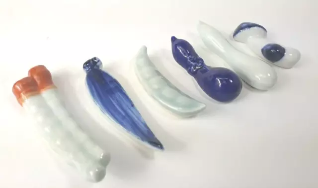 Porcelain Chopstick Knife Rests Lot Of 6 Blue White Made Japan Hashioki Vintage