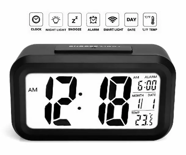 5.3 Inch Smart Simple Silent LED Digital Alarm Clock w/ Date Temp Display -Black