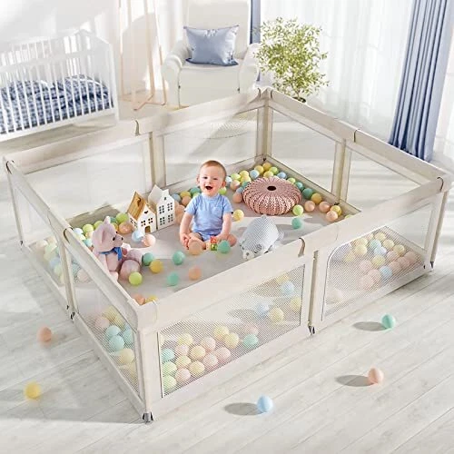 Baby Playpen, Playpen for Babies (71x59x27inch), Kids Safe Beige-Without Mat