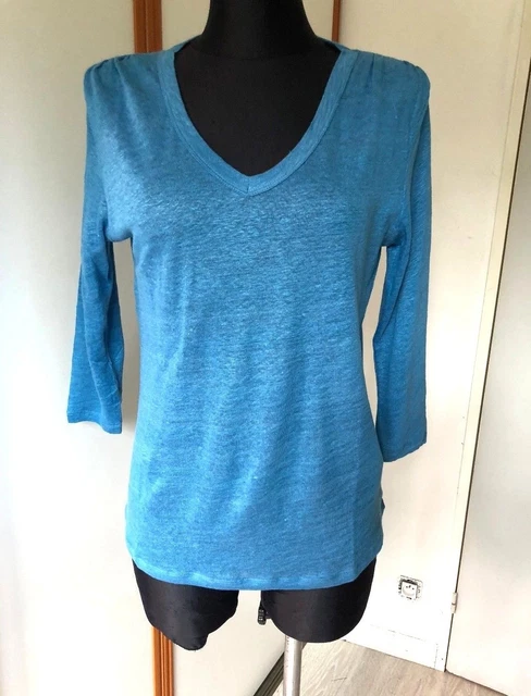 pull 100% Lin NEUF Etiquette M 40 42 Erinly col  V top t shirt haut bleu CARABO