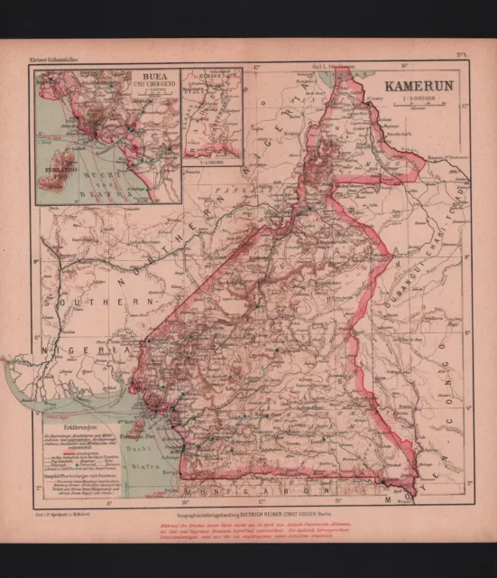 Landkarte map 1908: Kamerun Afrika. Kolonien Buea Umgebung