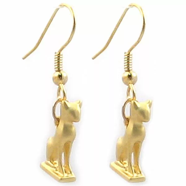 Gold Finish Egyptian Goddess Bastet Tiny Cat Earrings Charm 0.75"