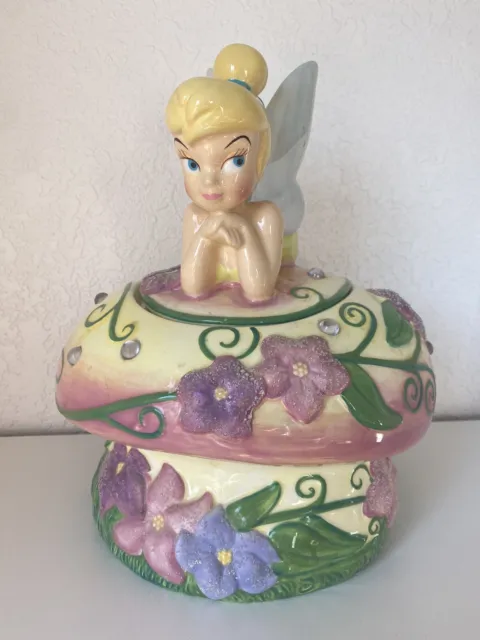 Disney Direct Tinkerbell Mushroom Cookie Jar W/ Pink Jewels Flowers