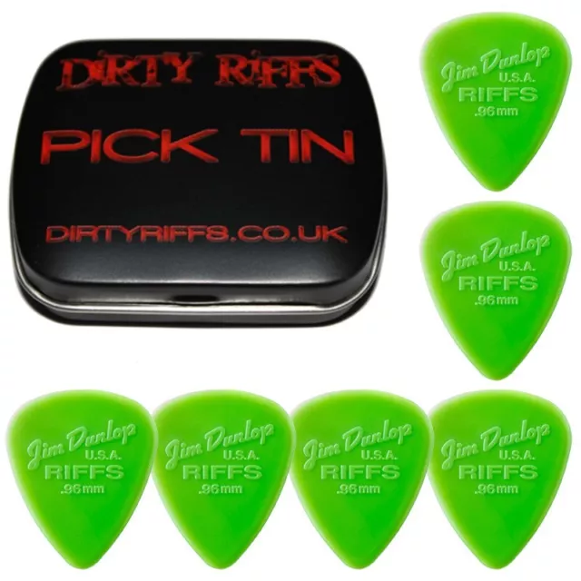 6 x Dunlop Riffs 0.96mm Green Nylon Guitar Picks Plectrums In a Handy Pick Tin