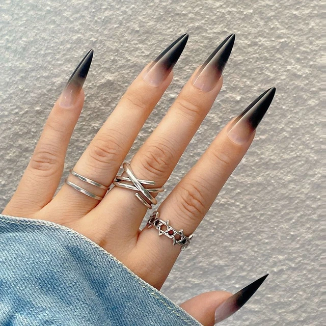 Copertura Piena Pendenza Nero Unghie False Lungo Stiletto Francese