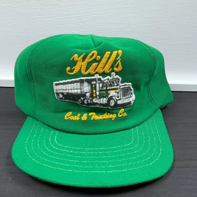 Vintage Trucker Hat Cap Snap Back Green Puffy Hills Trucking Semi 80s USA Coal