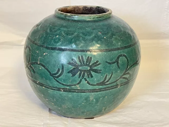 Early Antique Chinese Green Glazed Ginger Jar Asian Ceramics 7” X 8.5” Crazing