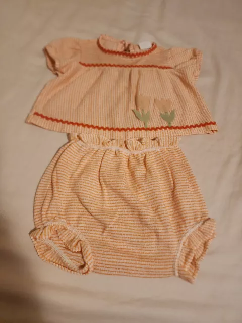 Vtg Carters 2 PcSet Orange Bloomers Romper Dress Shorts Flowers Tulips 60's 70's