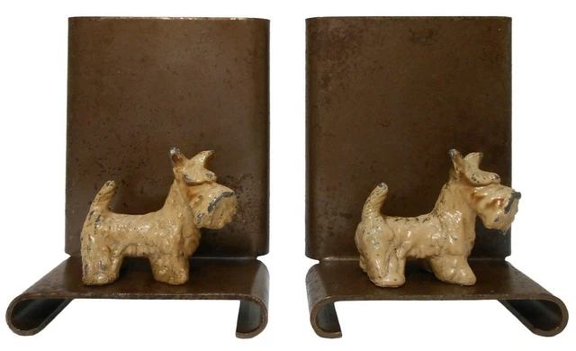 Early 20Th C Pr Enml Pntd Pr Rolled Copper Pltd Bknds, W/White Scottish Terriers