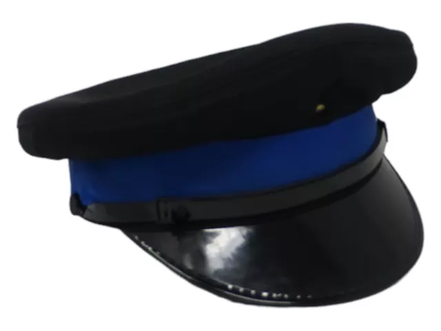 Ex Police Peak Cap Black Nylon Blue Banding Uniform Patrol Duty Costume Grade 1
