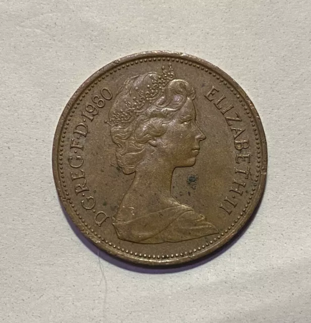 Very Rare 1980 UK British Queen Elizabeth II New Pence 2 Coin Good Condition