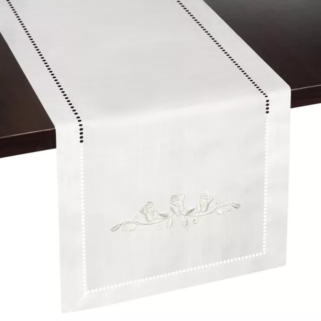 Ivory Rose Embroidered Table Runner, Rustic Farmhouse Table Decor | Off-White