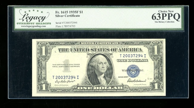 DBR $1 1935-F Silver Fr. 1615 TI Block Legacy 63 PPQ Serial T20037294I