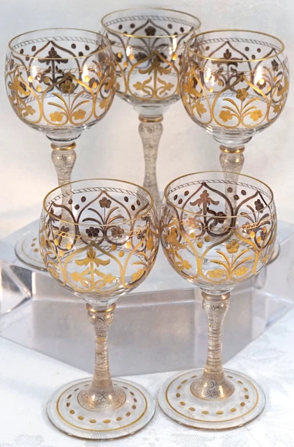 Set of 5 Cut / Etched & Gold Filled Bohemian Moser Crystal Stemware 4 7/8" Tall Set of 5 Cut / Etched & Gold Filled Bohemian Moser Crystal Stemware 4 7/8" Tall