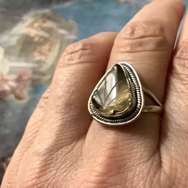 Veritable Intaille Citrine, Argent Massif, Unique Bague Ancienne