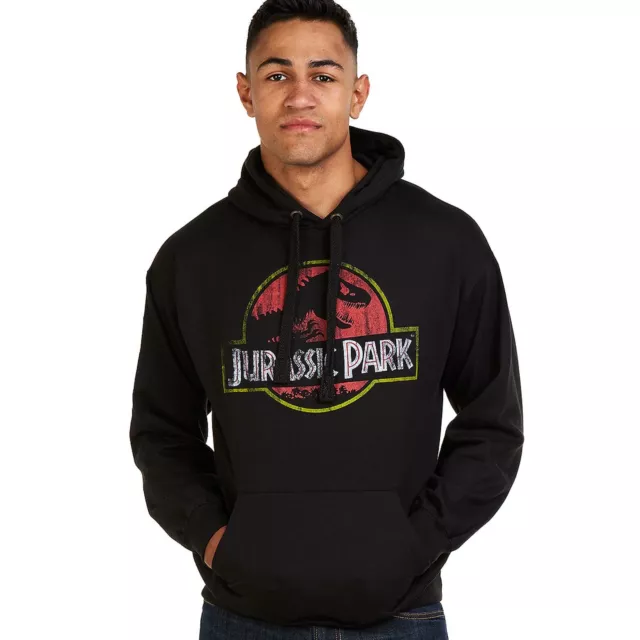 Official Jurassic Park Mens Distressed Logo Hoodie Jumper Black S-XXL