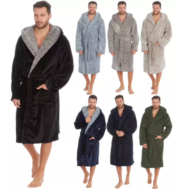 Mens Dressing Gown Thick Snuggle Warm Fleece Hooded Wrap Housecoat Robe