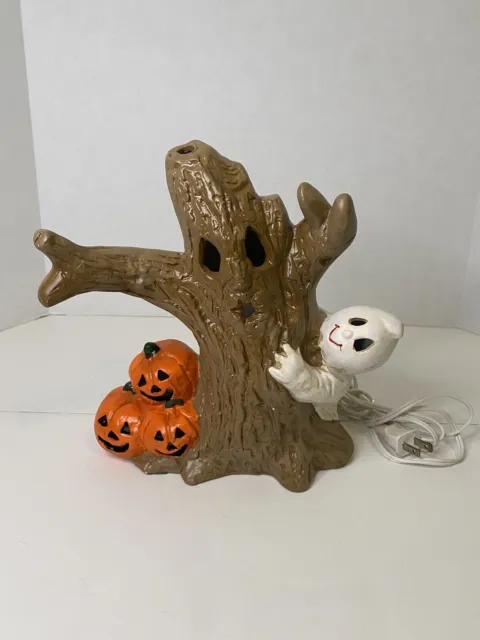 Vintage Halloween Lighted Haunted Tree with Ghost and Pumpkins Jack O Lanterns