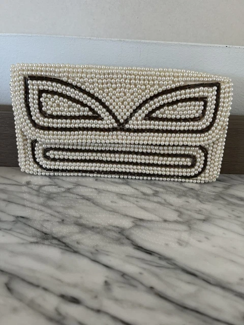 Cream Pearl Beaded Silver Sequin Purse Evening Bag Clutch Vtg 50s 60s Japan