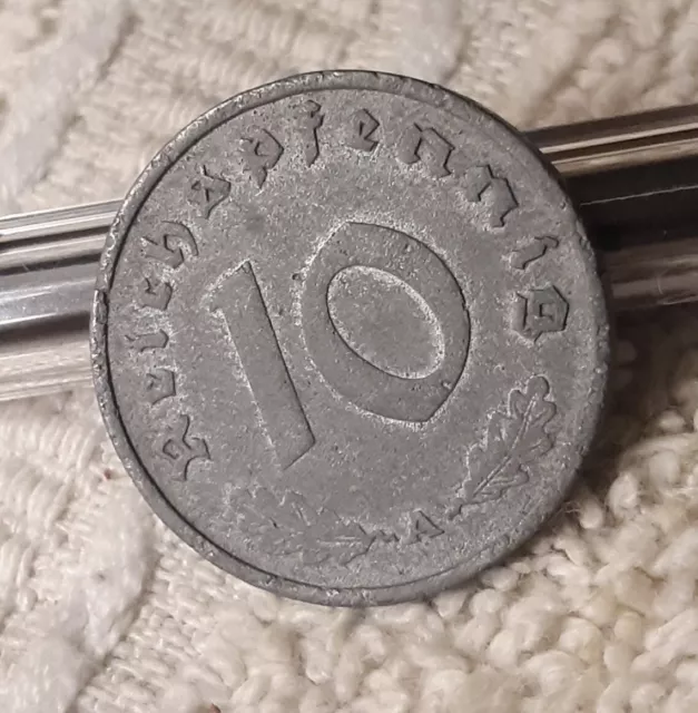 Vintage 1940-A  ,  WW2 German 10 Reichspfennig , Heavily Circulated With Flaws