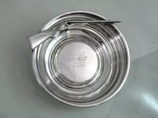 AMERICAN STERLING SILVER SHOOTING TROPHY SHOTGUN / TARGET PLATE ashtray McDONALD