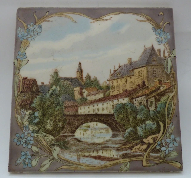 Rare Landscape LONGWY Art Nouveau enameled Tile romantic City scene in Burgundy 3