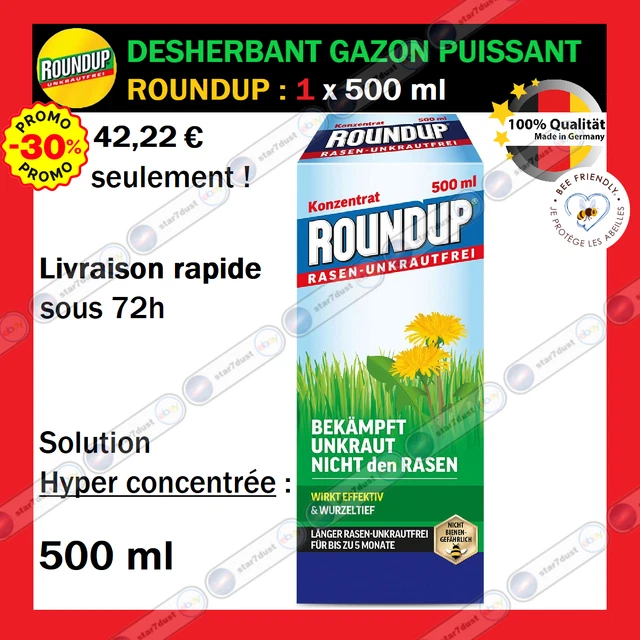 ROUNDUP Désherbant sélectif efficace pour jardin, herbicide gazon et pelouse 250 ml pour 166 m² ''Sans Glyphosate''