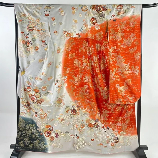 JAPANESE KIMONO FURISODE LONG SLEEVES LADIES WOVEN SILK 100% GOLD COLOR 159cm