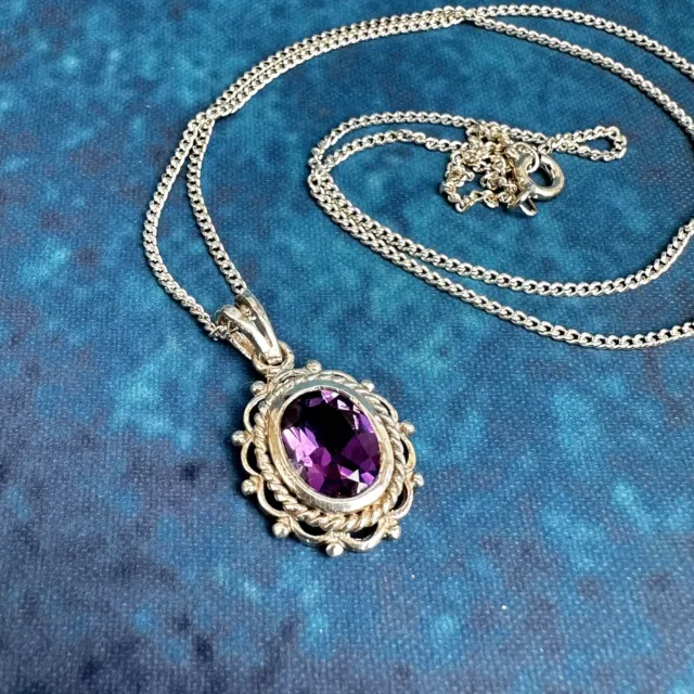 Vintage Sterling Silver Pendant & 18” Chain Amethyst Colour Glass Stone
