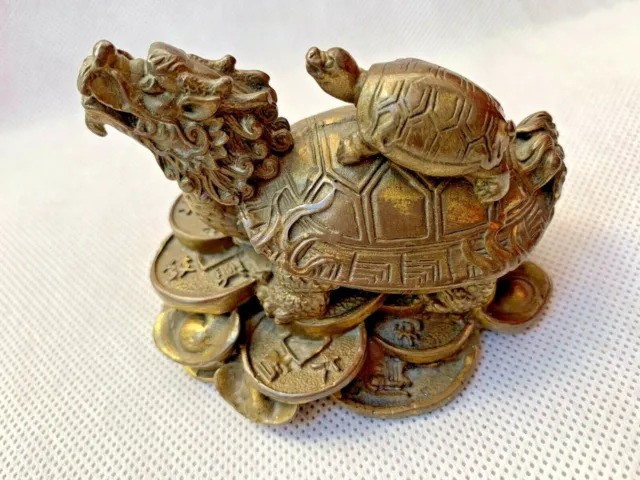 Statue Turtle Copper Inscription Dragon Decor Home Hand Made Chinese Old Yuanbao