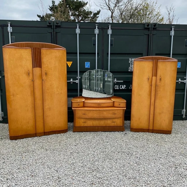 Art Deco Flamed Walnut Bedroom Furniture Set Suite Wardrobes x2 & Dressing Table