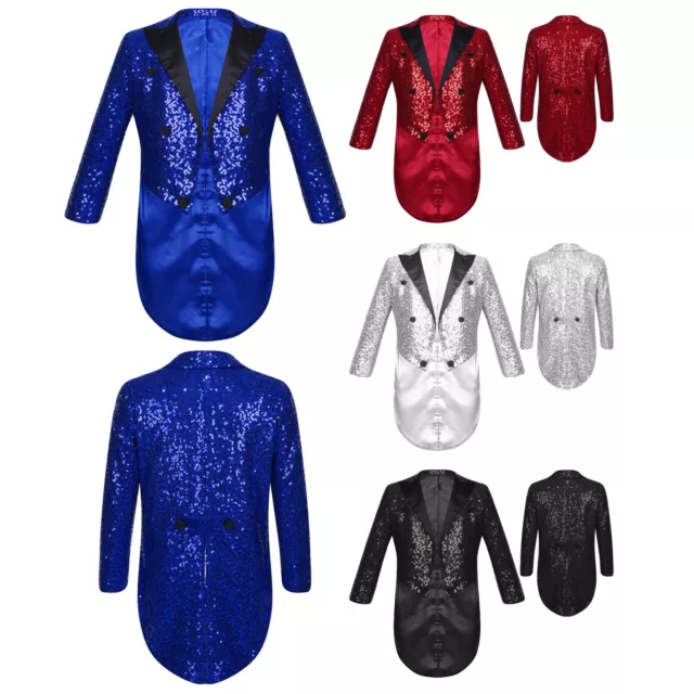 Boys Sequins Tailcoat Jacket Tuxedo with Tails Party Performance Tux Dress Coat