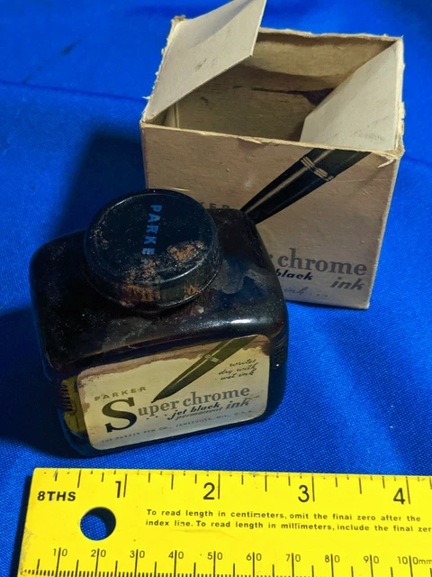 Antique Parker Pen Super Chrome Jet Black Ink Box Advertising Glass Bottle Well