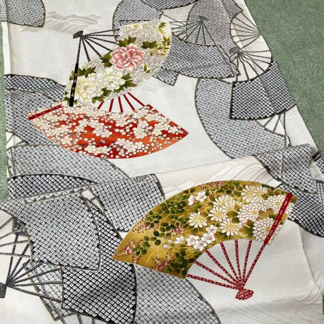 JAPANESE IVORY WHITE pastel navy fan floral silk Kimono fabric scrap ...