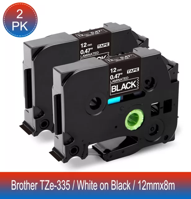 2PK TZ/TZe-335 Compatible for Brother P-Touch TZe Label Tape White on Black 12mm