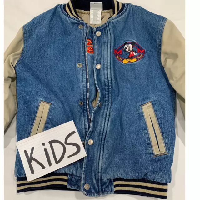 Disney Kids Vintage Embroidered Mickey Mouse Varsity Bomber Denim Jacket Size M