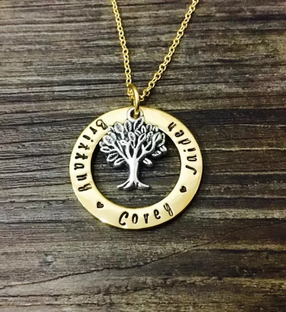 personalised hand stamped 2 toned stainless tree of life necklace