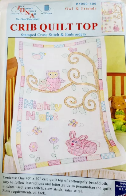 Whole Cloth 40" X 60" Stamped Embroidery Crib Quilt Top Owl & Friends