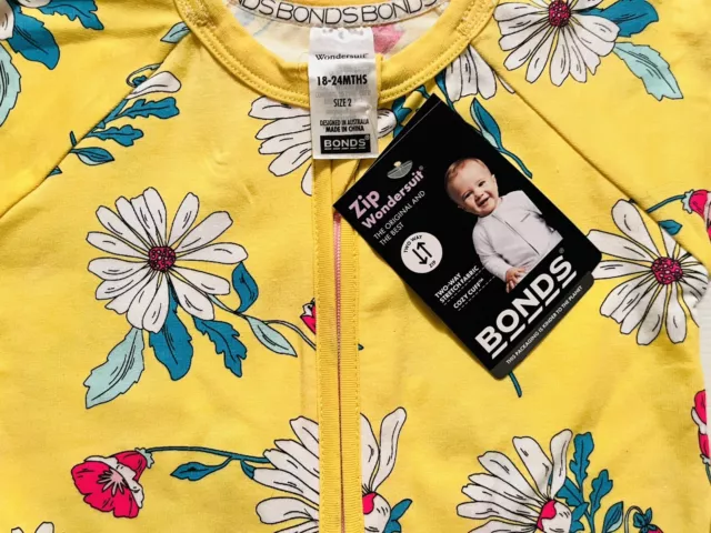 BONDS WONDERSUIT Zippy Zip Romper Baby Yellow Daisy🌼BNWT -Size2 (18-24 Months