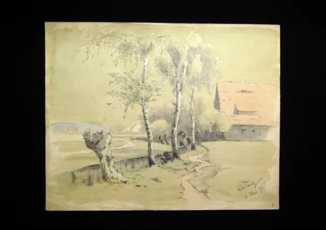 Seidnitz Aquarellierte Bleistiftzeichnung Dorflandschaft 1901 Unikat signiert