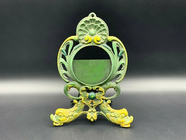 Antique Ornate Chinoiseries Cast Iron Photo Picture Frame Easel Dragon Fish Legs