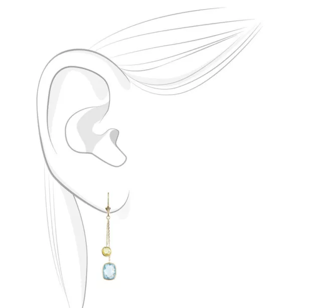 14K YELLOW GOLD Drop Earrings With Lemon And Blue Topaz Gemstones ...