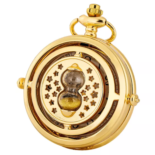 Golden Sandglass Cover Unisex Quartz Pocket Watch Necklace Pendant Chain Gift