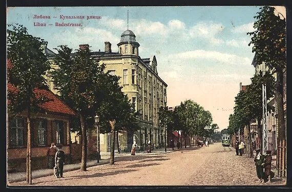 Ansichtskarte Libau, Straßenbahn in der Badestraße 1913