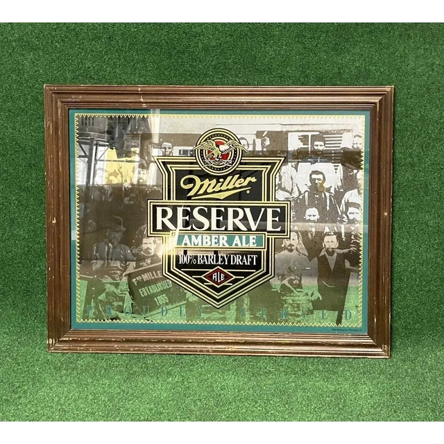 VINTAGE MILLER RESERVE AMBER DRAFT BEER MIRROR SIGN 70’s 80’s BAR GIFT MEN